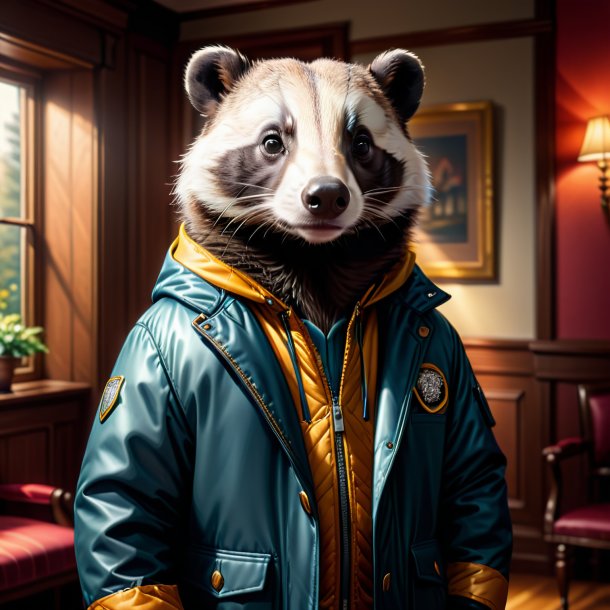 Illustration of a badger in a jacket in the house