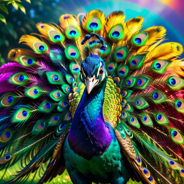 Foto de una sonrisa de un pavo real en el arco iris