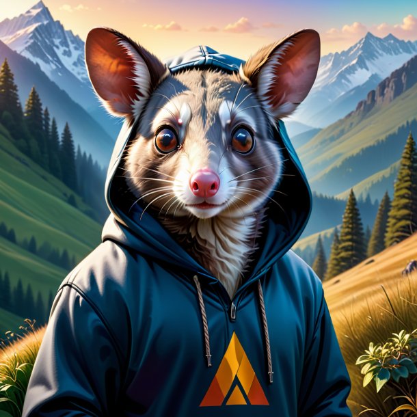 Illustration of a possum in a hoodie in the mountains