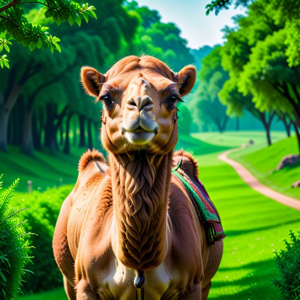 Foto de un camello en un cinturón verde