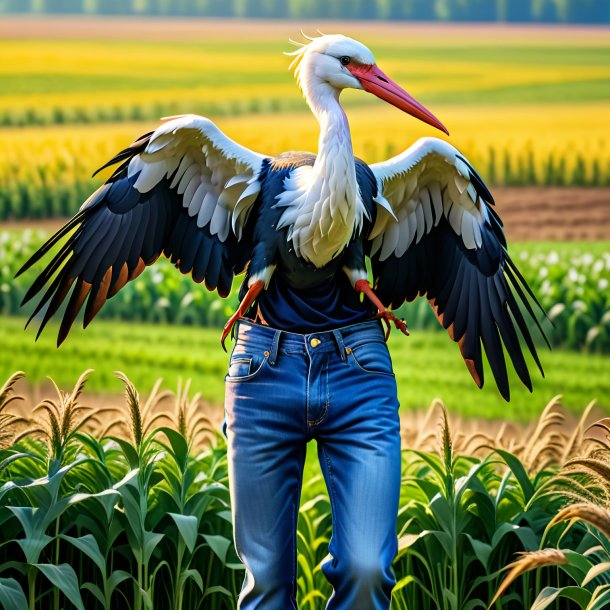 Photo of a stork in a jeans on the field