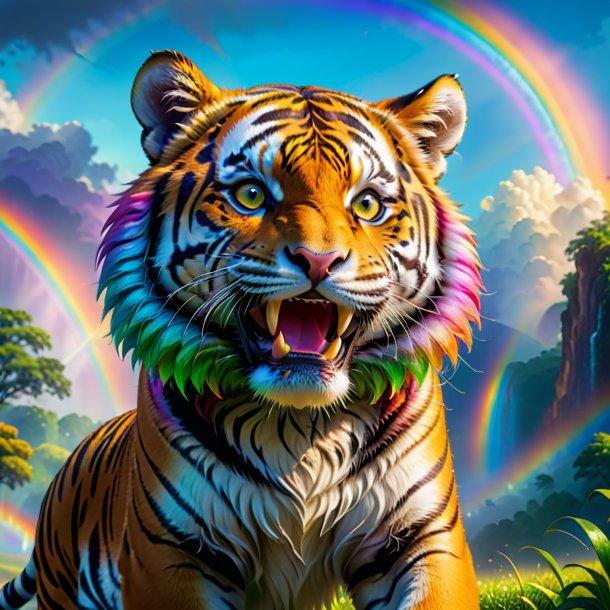 Image of a smiling of a tiger on the rainbow