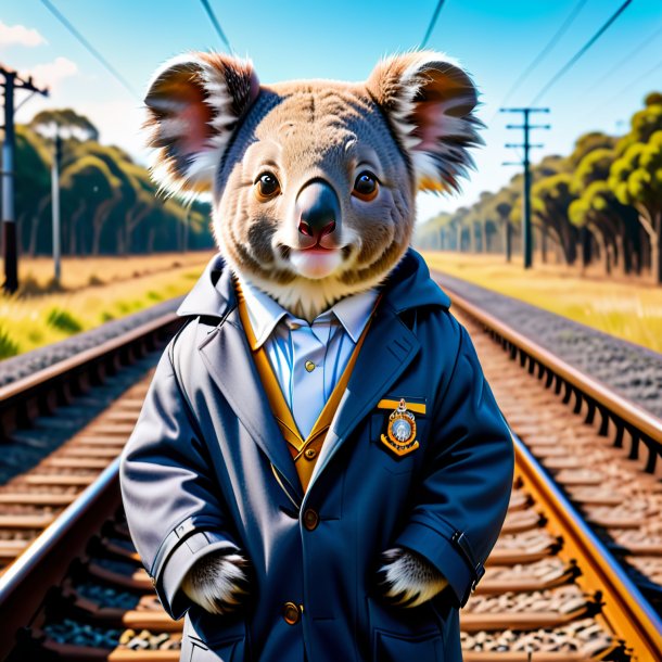 Picture of a koala in a coat on the railway tracks