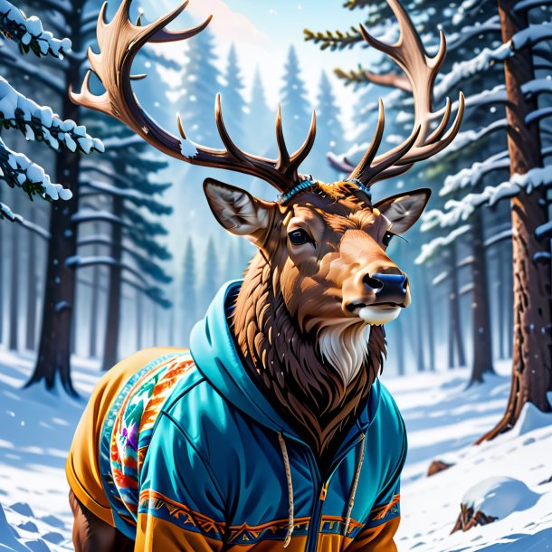 Ilustração de um alce em um hoodie na neve