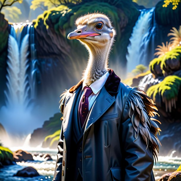 Image of a ostrich in a coat in the waterfall