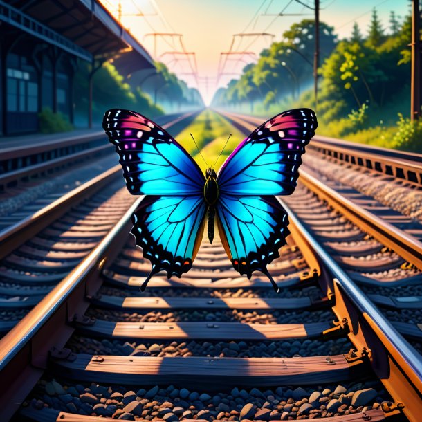 Illustration of a butterfly in a jacket on the railway tracks