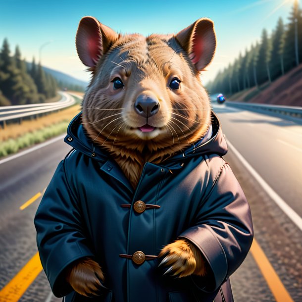 Drawing of a wombat in a coat on the highway