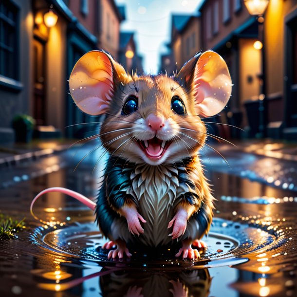 Image of a smiling of a mouse in the puddle