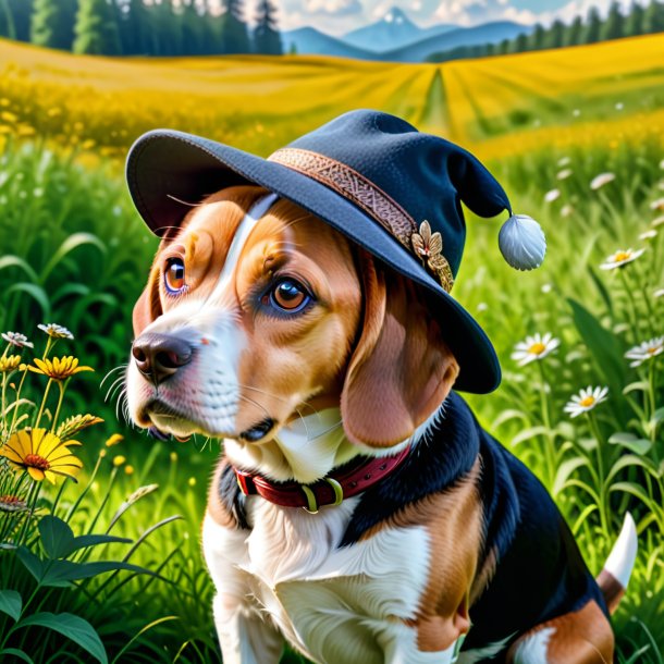 Foto de um beagle em um chapéu no prado