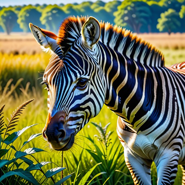 Imagem de um comer de uma zebra no prado