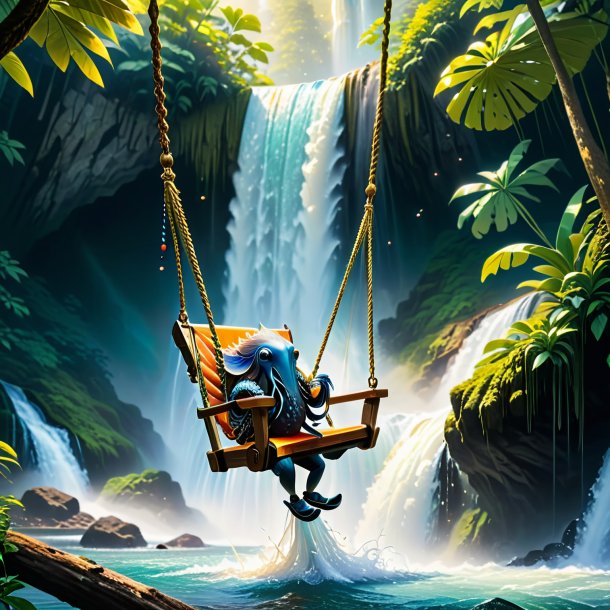 Picture of a swinging on a swing of a cuttlefish in the waterfall