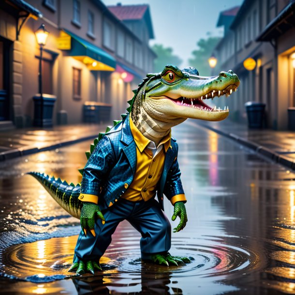 Image of a crocodile in a trousers in the puddle