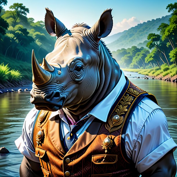 Illustration of a rhinoceros in a vest in the river