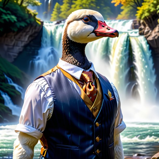 Picture of a goose in a vest in the waterfall