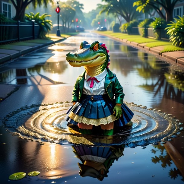 Illustration of a alligator in a skirt in the puddle