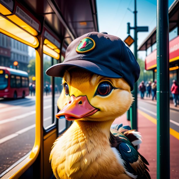 Foto de um pato em um boné no ponto de ônibus