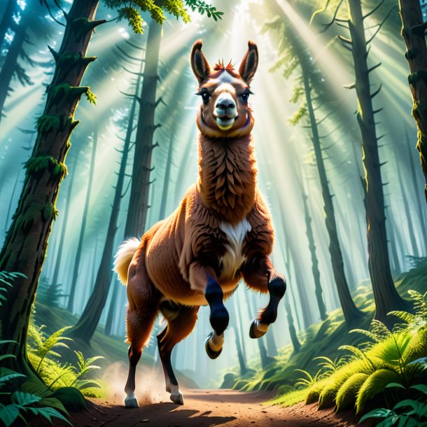 Photo of a jumping of a llama in the forest