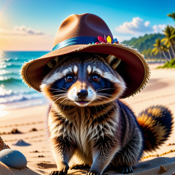 Photo of a raccoon in a hat on the beach