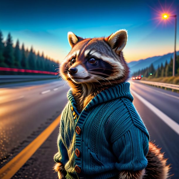 Pic of a raccoon in a sweater on the highway