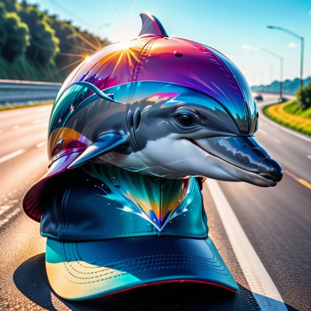 Pic of a dolphin in a cap on the highway