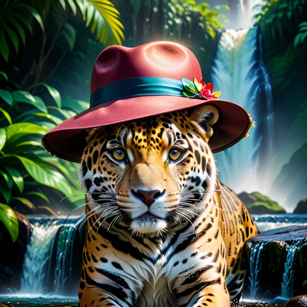 Image of a jaguar in a hat in the waterfall