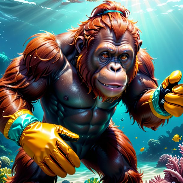 Illustration of a orangutan in a gloves in the sea