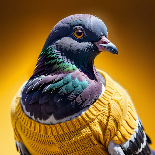 Photo of a pigeon in a yellow sweater