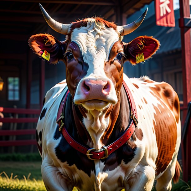 Foto de una vaca en un cinturón rojo