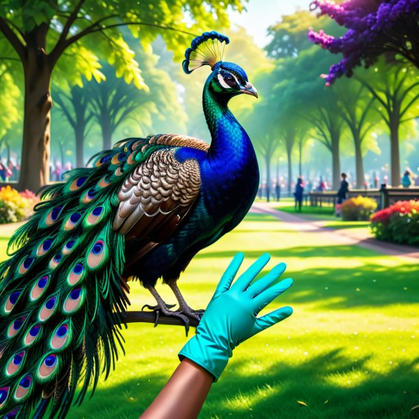 Photo of a peacock in a gloves in the park