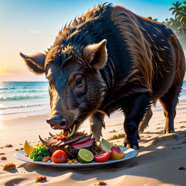 Imagem de um comer de um javali na praia