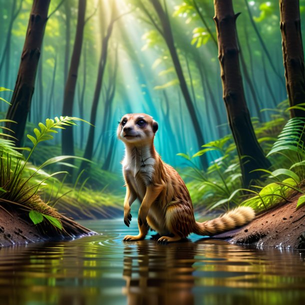 Uma foto de uma natação de um meerkat na floresta