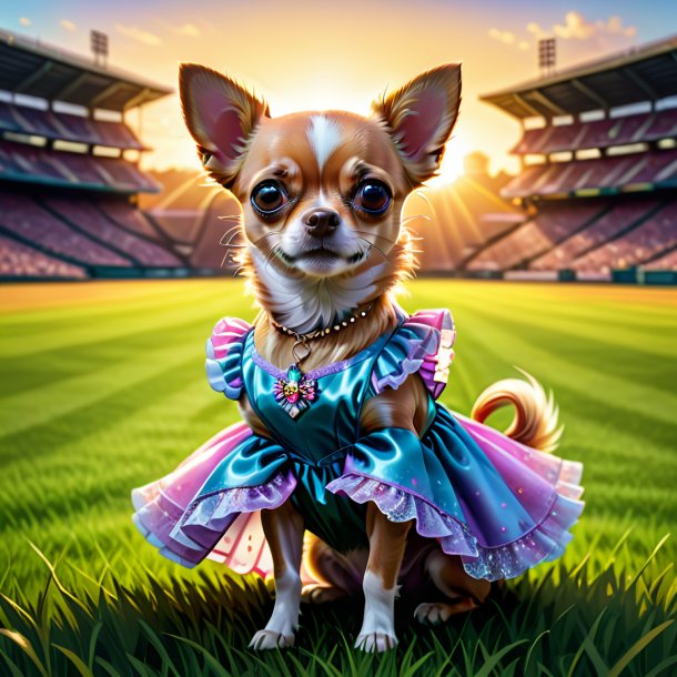 Ilustración de un chihuahua en un vestido en el campo