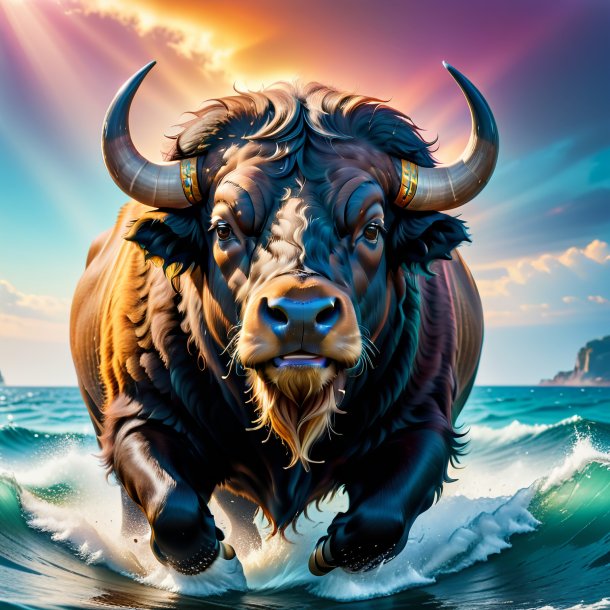 Image of a buffalo in a belt in the sea