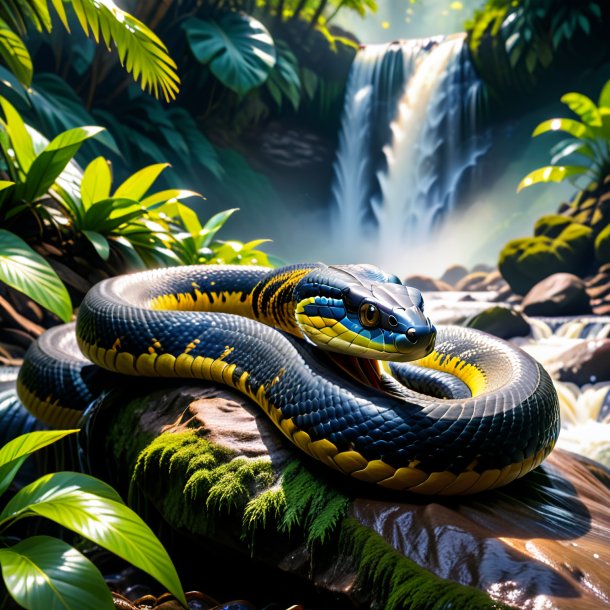 Photo of a resting of a cobra in the waterfall