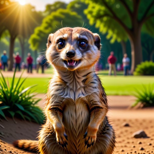 Uma foto de um meerkat irritado no parque