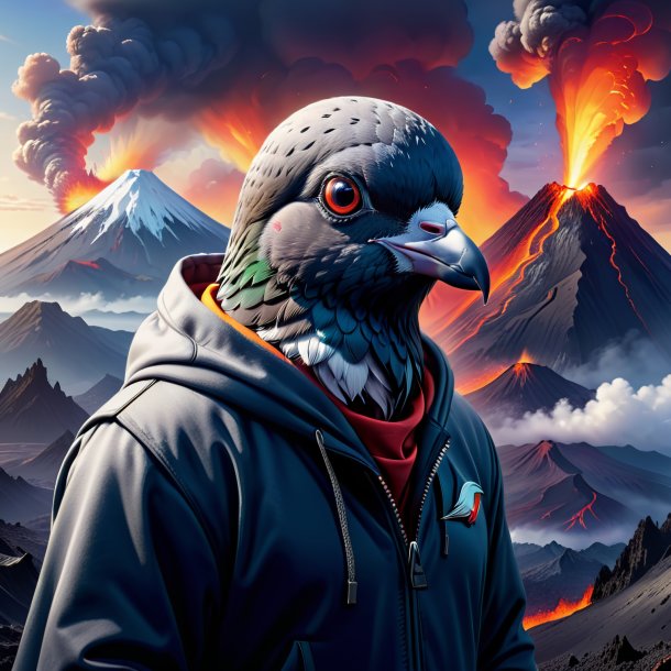 Illustration of a pigeon in a hoodie in the volcano