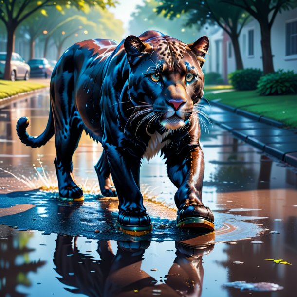 Illustration of a panther in a shoes in the puddle