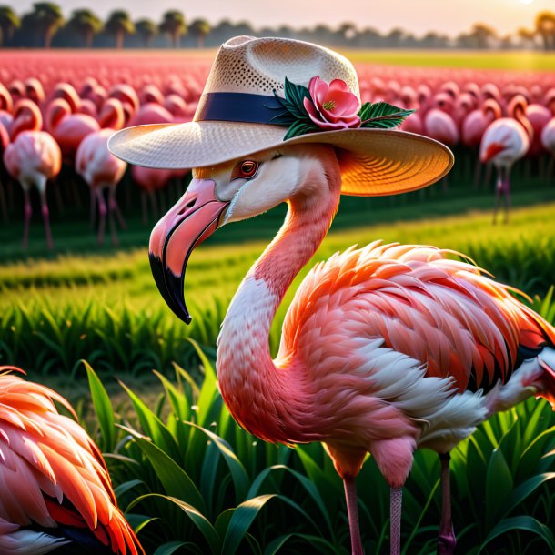 Foto de um flamingo em um chapéu no campo