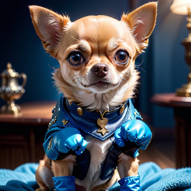 Foto de un chihuahua en guantes azules