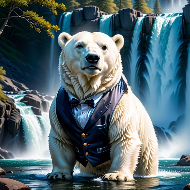 Image of a polar bear in a vest in the waterfall