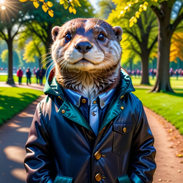 Foto de una nutria en una chaqueta en el parque