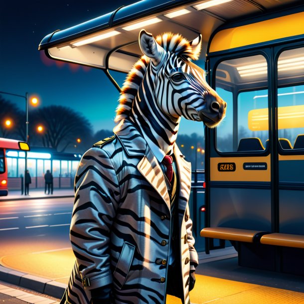 Ilustração de uma zebra em um casaco no ponto de ônibus