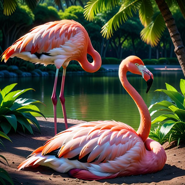 Photo of a sleeping of a flamingo in the park