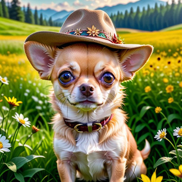 Foto de um chihuahua em um chapéu no prado