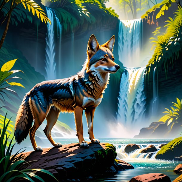 Image of a waiting of a jackal in the waterfall