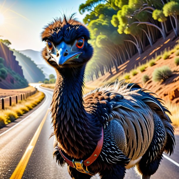 Imagem de uma emu em um cinto na estrada