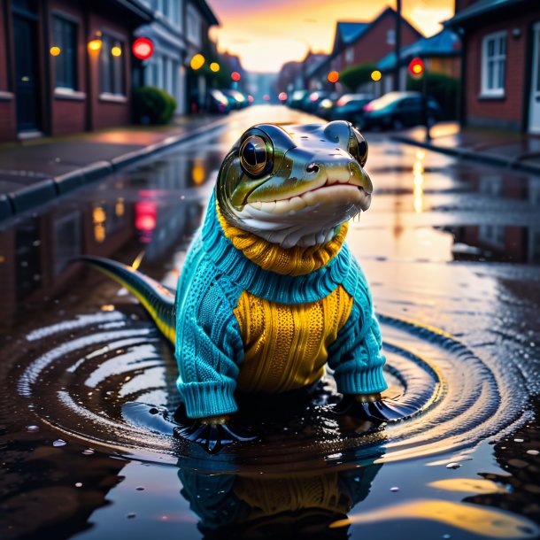 Image of a eel in a sweater in the puddle