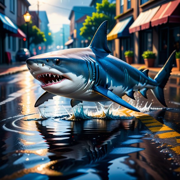 Image of a shark in a jeans in the puddle