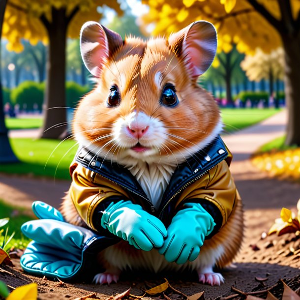 Picture of a hamster in a gloves in the park