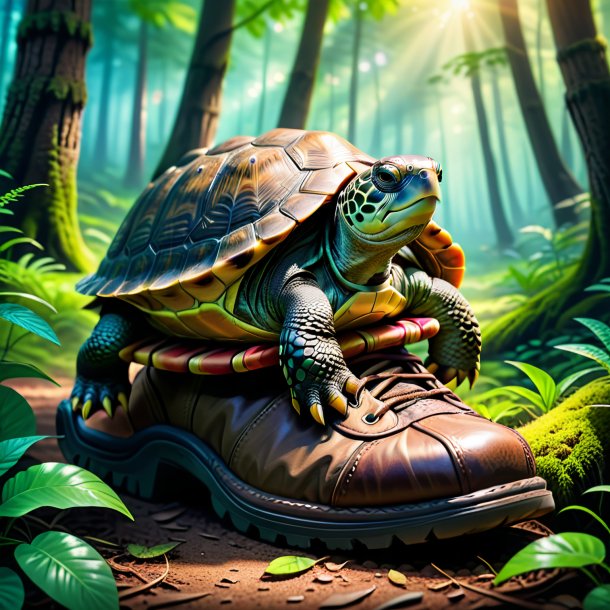 Foto de una tortuga en un zapato en el bosque